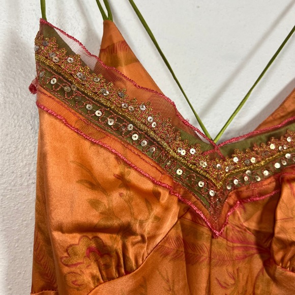 Whimsical 90s Y2K Midi Slip Dress Size M Paisley Satin Sequin Mesh Trim Orange - Picture 4 of 11